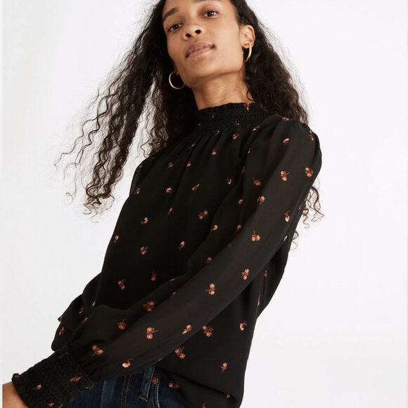 Madewell Women's Georgette Smocked Mockneck Top Size Small - Picture 2 of 16